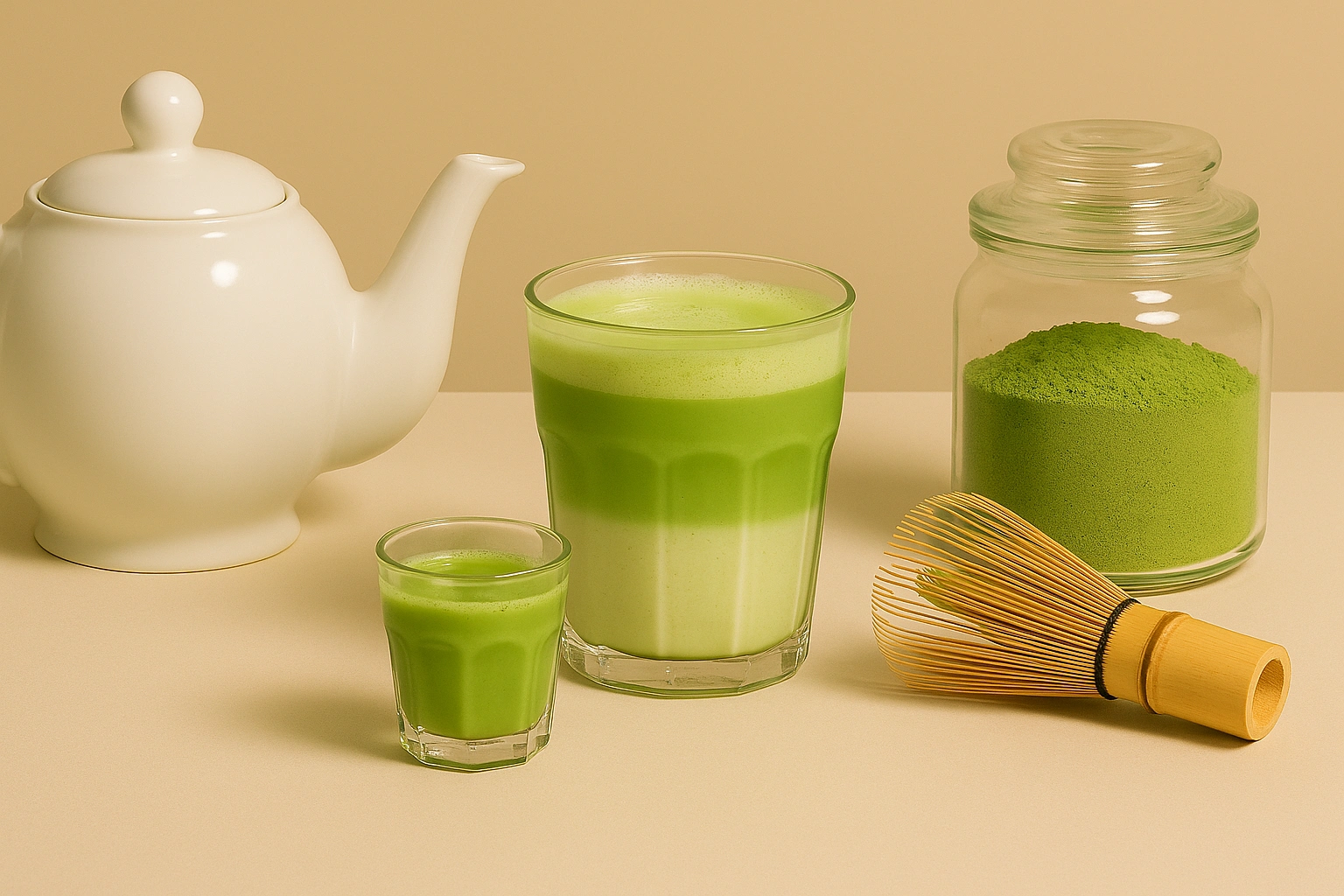 Matcha im Glas mit Matcha-Pulver und Chasen - Hintergrund